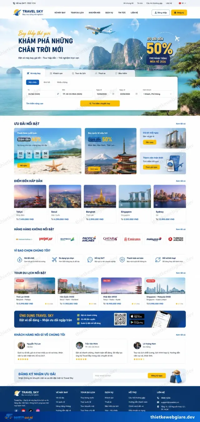 Mẫu website Vé máy bay / đặt vé — giao diện Travel Sky