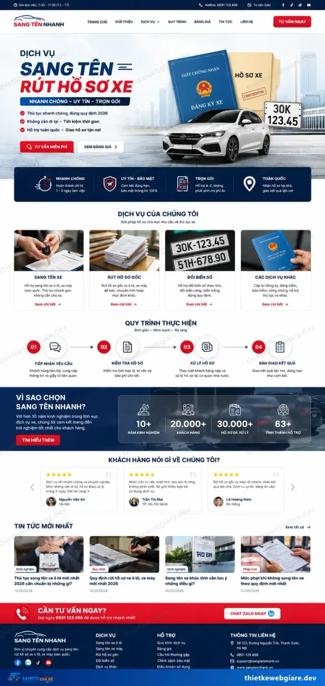 Mẫu website Thủ tục giấy tờ xe — giao diện Sang Tên Nhanh