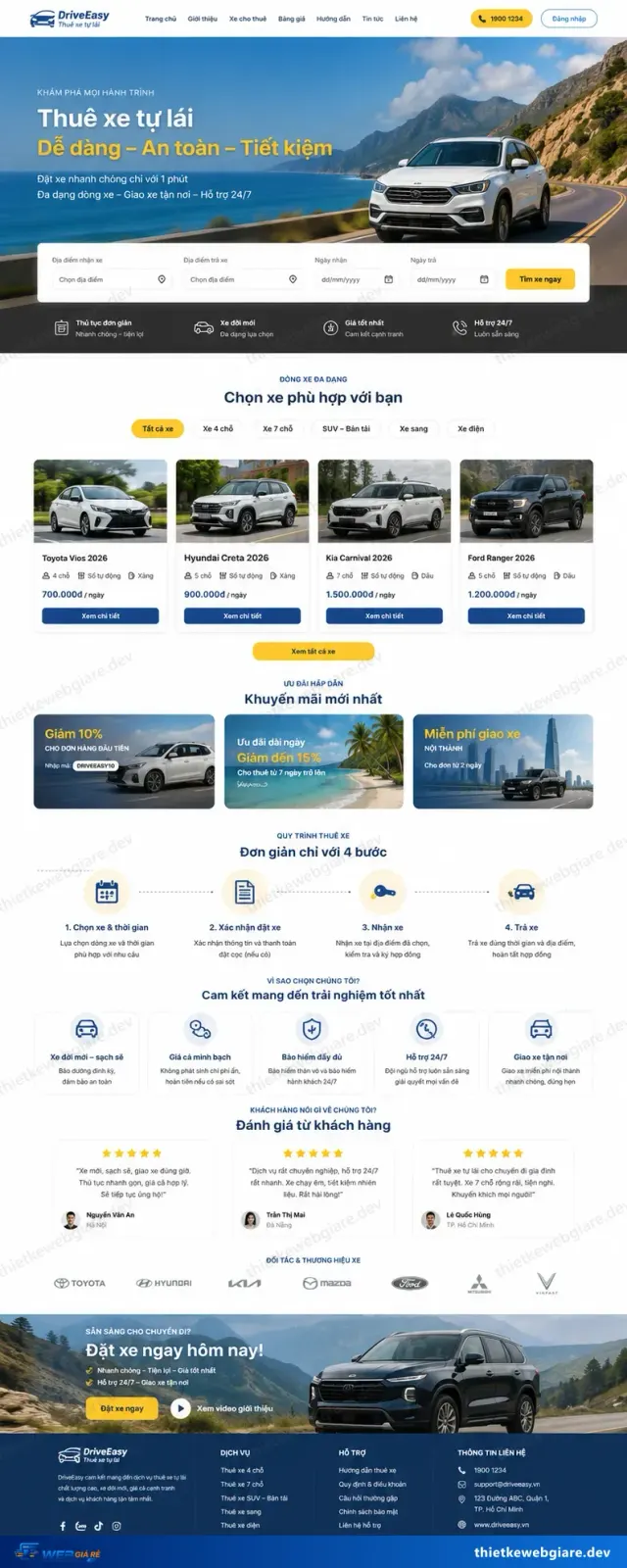 Mẫu website Cho thuê xe du lịch — giao diện DriveEasy
