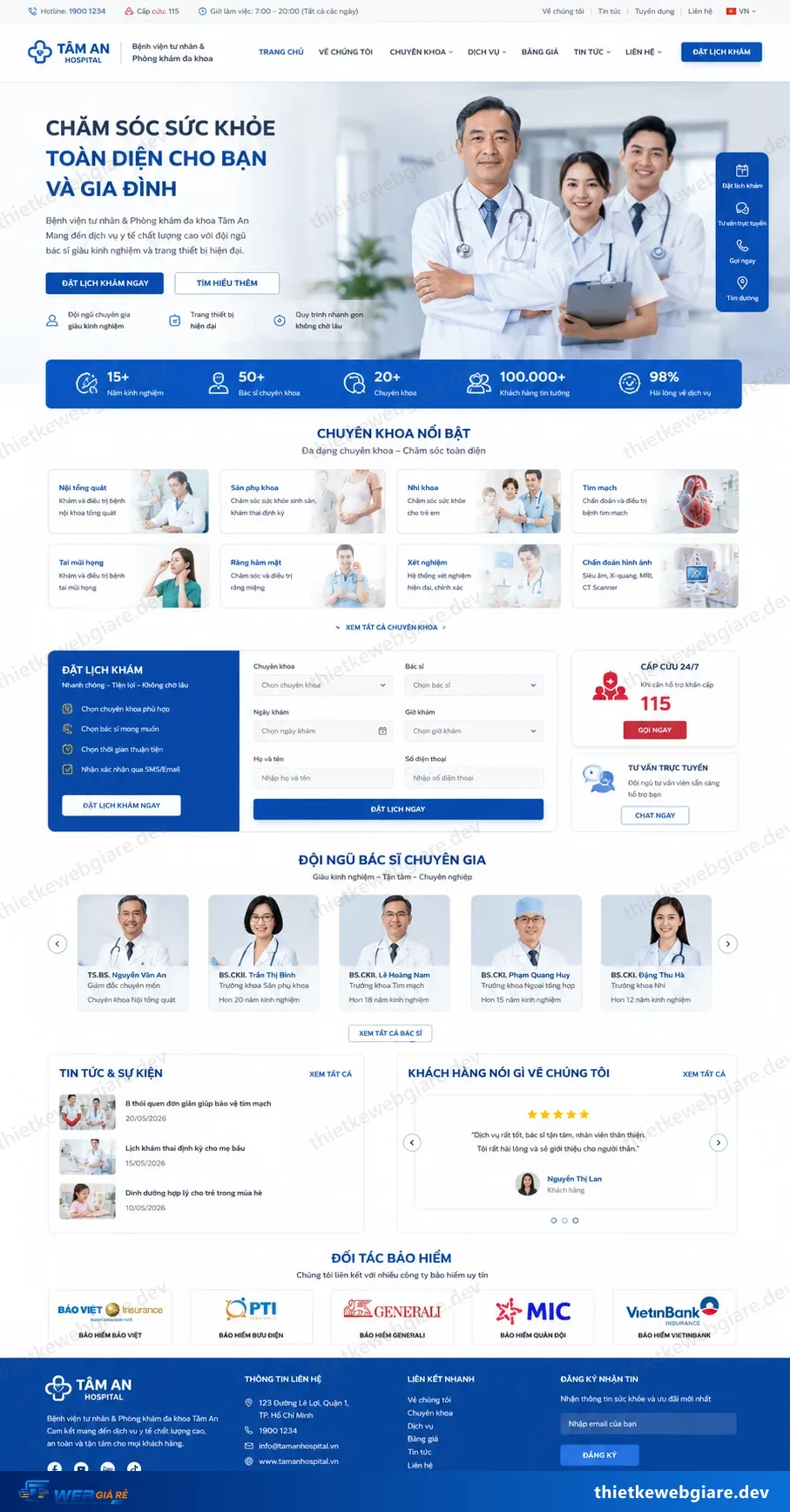 Toàn bộ giao diện mẫu website Bệnh viện / trung tâm y tế — mẫu Tâm An