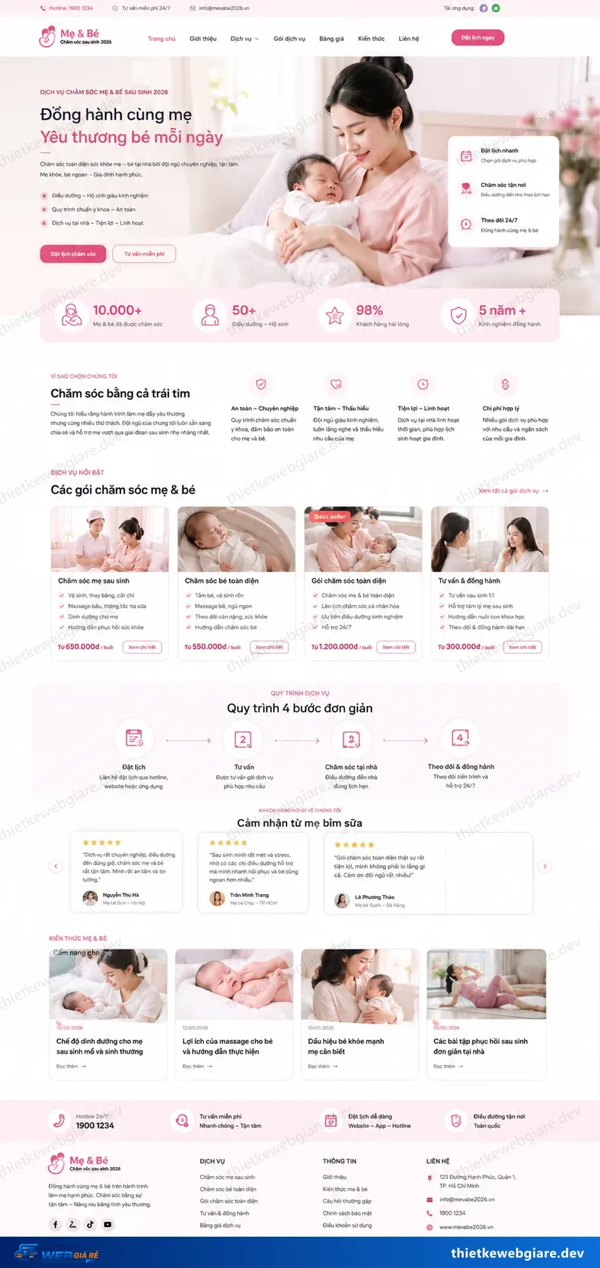 Toàn bộ giao diện mẫu website Chăm sóc mẹ và bé sau sinh — mẫu Mẹ Yêu