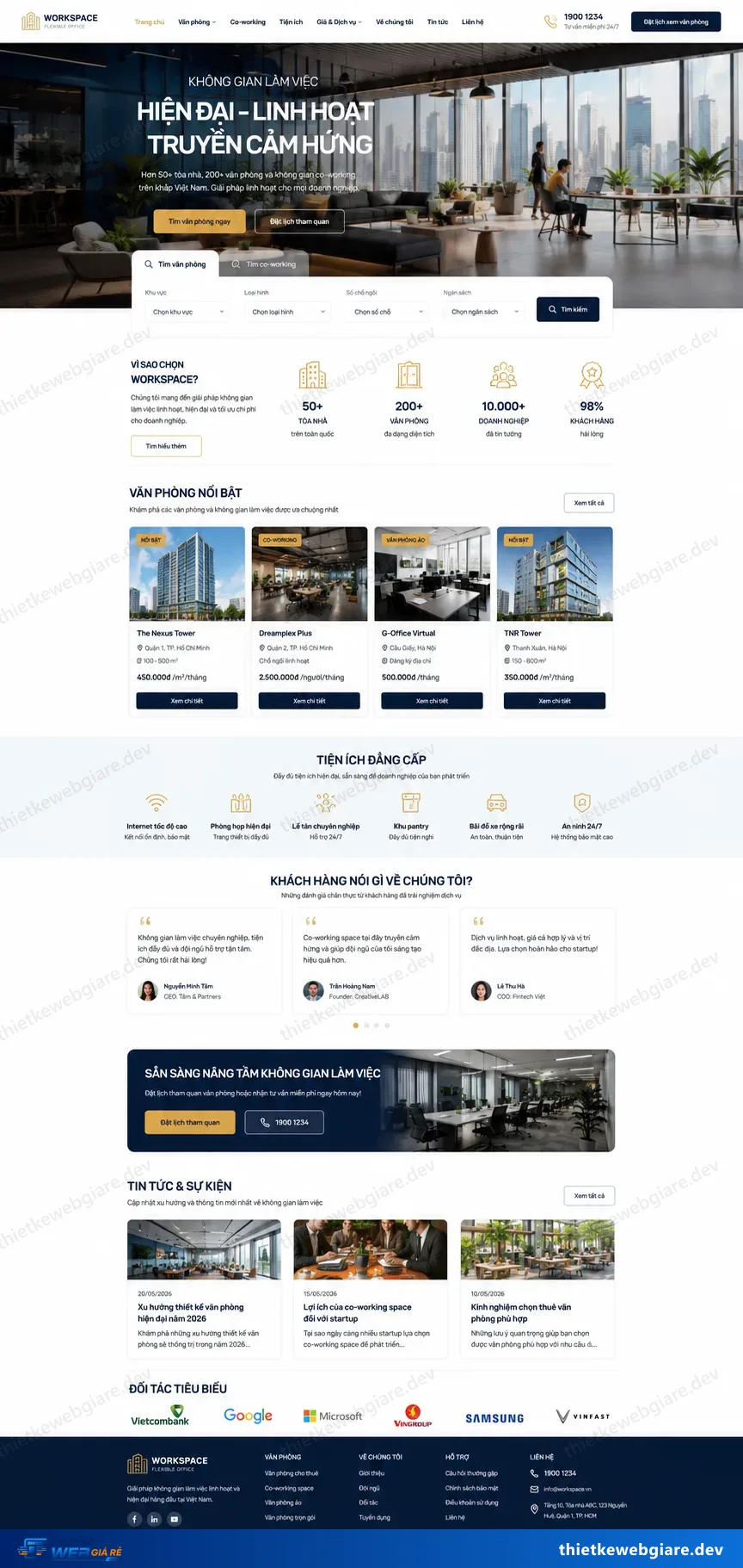 Toàn bộ giao diện mẫu website Cho thuê văn phòng / co-working — mẫu Office Hub
