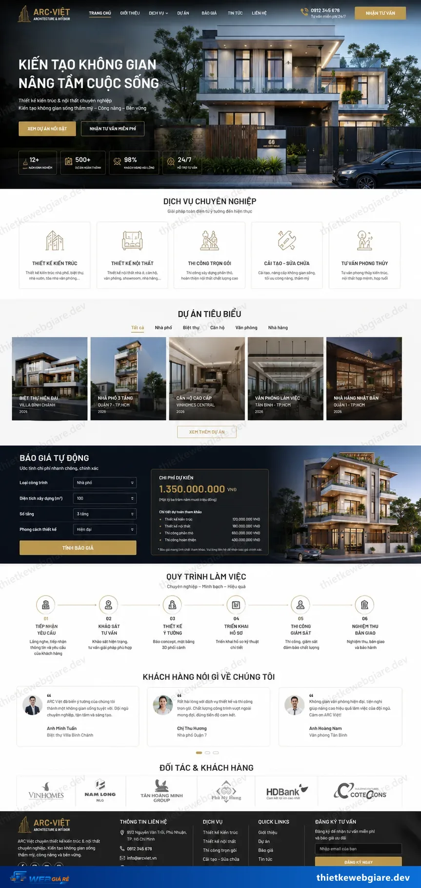Toàn bộ giao diện mẫu website Công ty thiết kế kiến trúc — mẫu Arc Studio