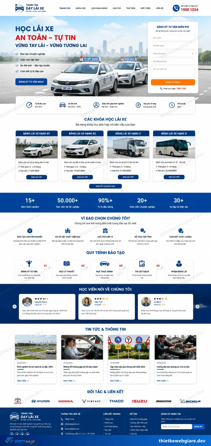 Toàn bộ giao diện mẫu website Trung tâm dạy lái xe — mẫu Vững Tay Lái