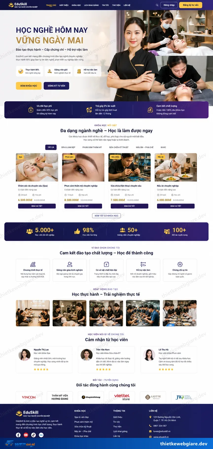 Toàn bộ giao diện mẫu website Dạy nghề / kỹ năng — mẫu Học Nghề Vàng