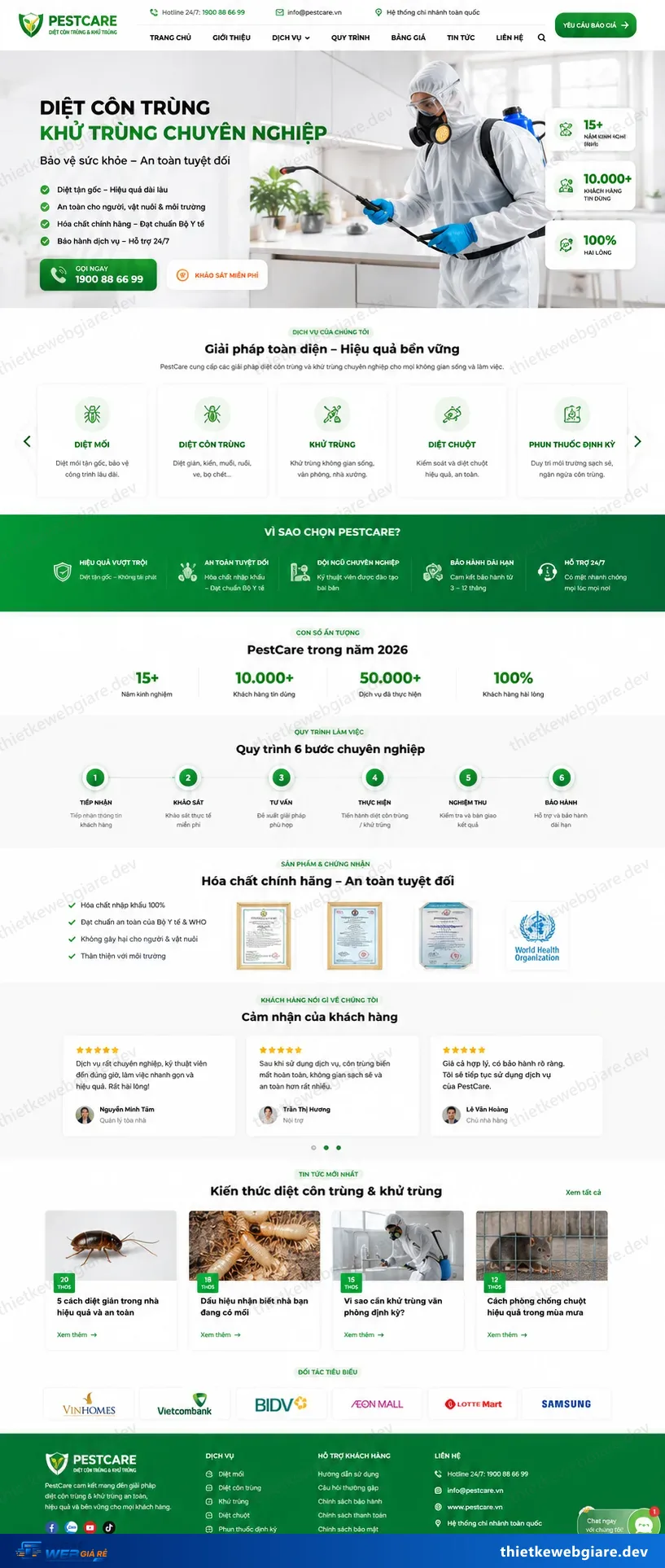 Toàn bộ giao diện mẫu website Diệt côn trùng / xử lý mối — mẫu PestCare
