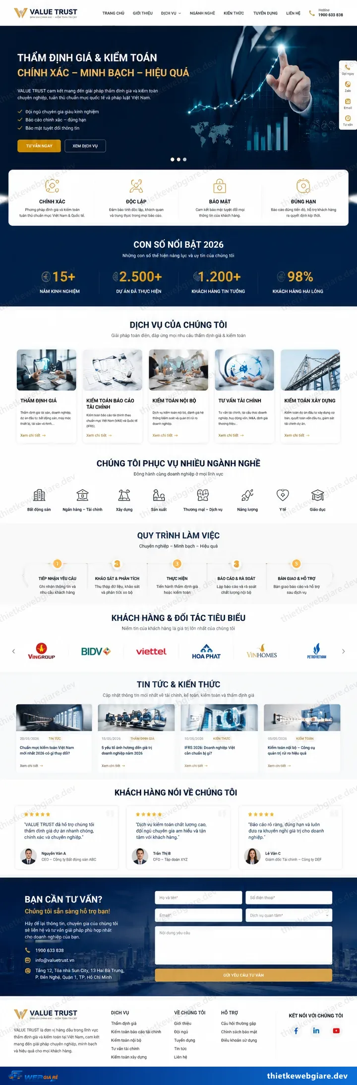 Toàn bộ giao diện mẫu website Kiểm toán / thẩm định giá — mẫu Value Trust