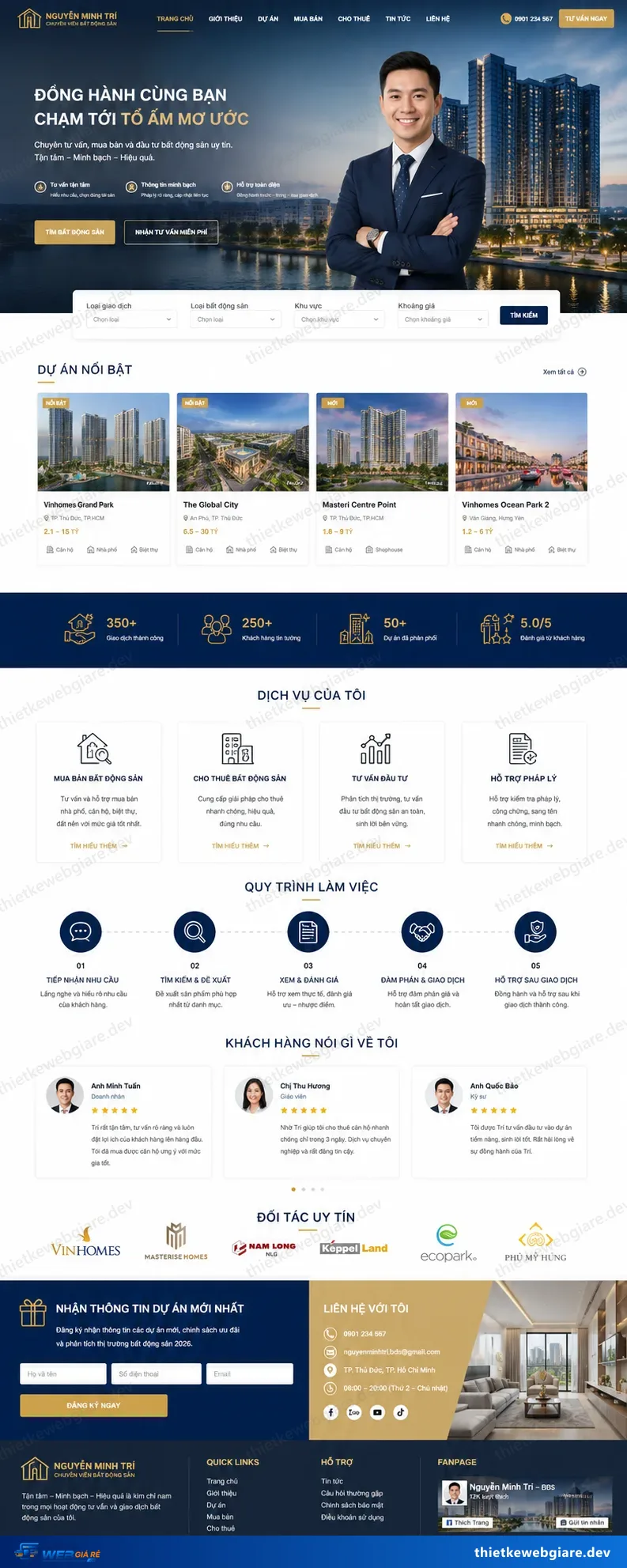 Toàn bộ giao diện mẫu website Môi giới bất động sản cá nhân — mẫu Tận Tâm