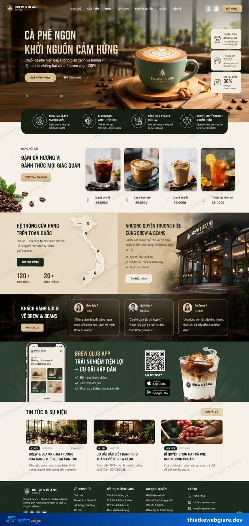 Toàn bộ giao diện mẫu website Quán cà phê — mẫu Brew & Beans