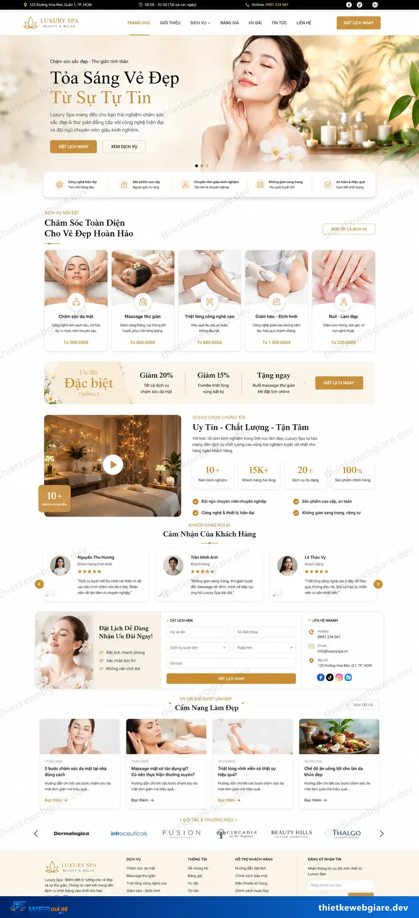 Toàn bộ giao diện mẫu website Spa / chăm sóc da — mẫu Thư Thái