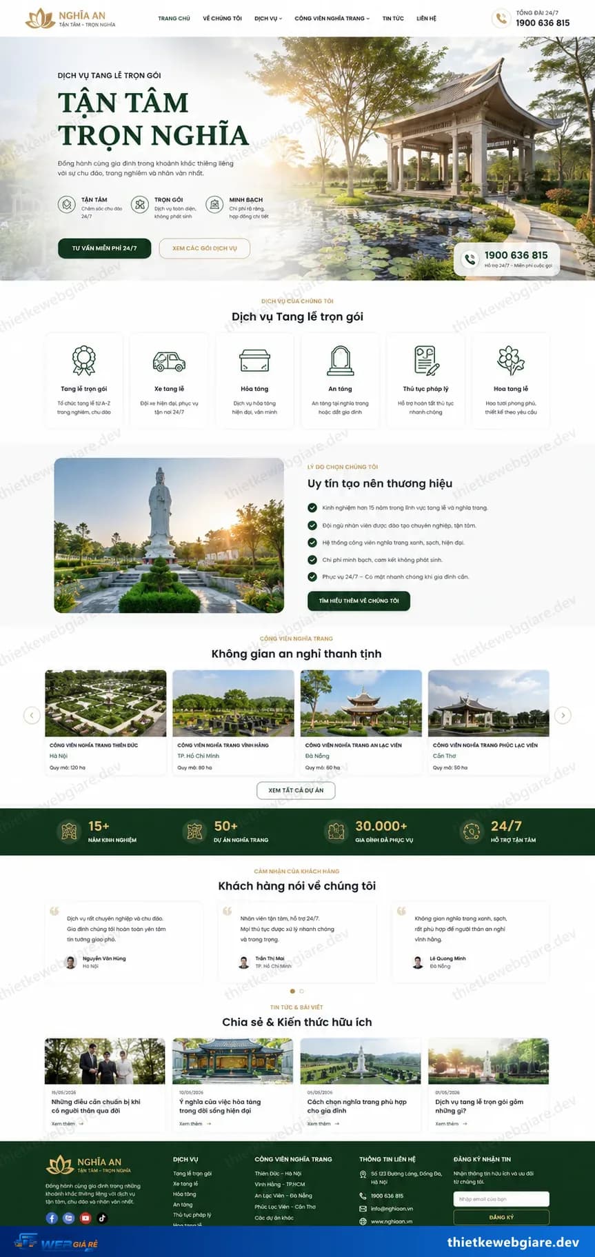 Toàn bộ giao diện mẫu website Tang lễ / dịch vụ hiếu hỉ — mẫu Nghĩa An