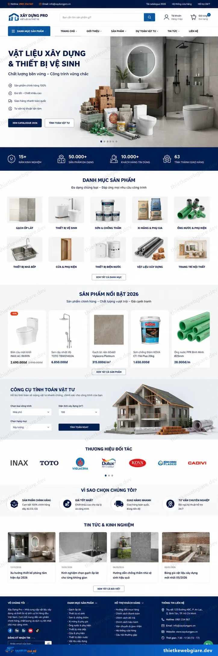 Toàn bộ giao diện mẫu website Vật liệu xây dựng — mẫu Vật Tư Pro