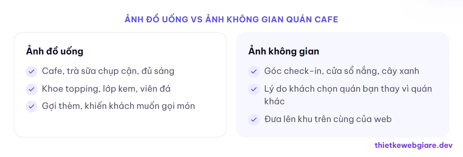 Ảnh đồ uống vs ảnh không gian quán cafe — thiết kế web quán cafe