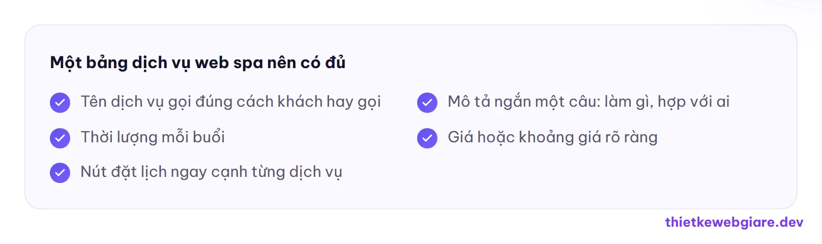 Một bảng dịch vụ web spa nên có đủ — thiết kế web spa
