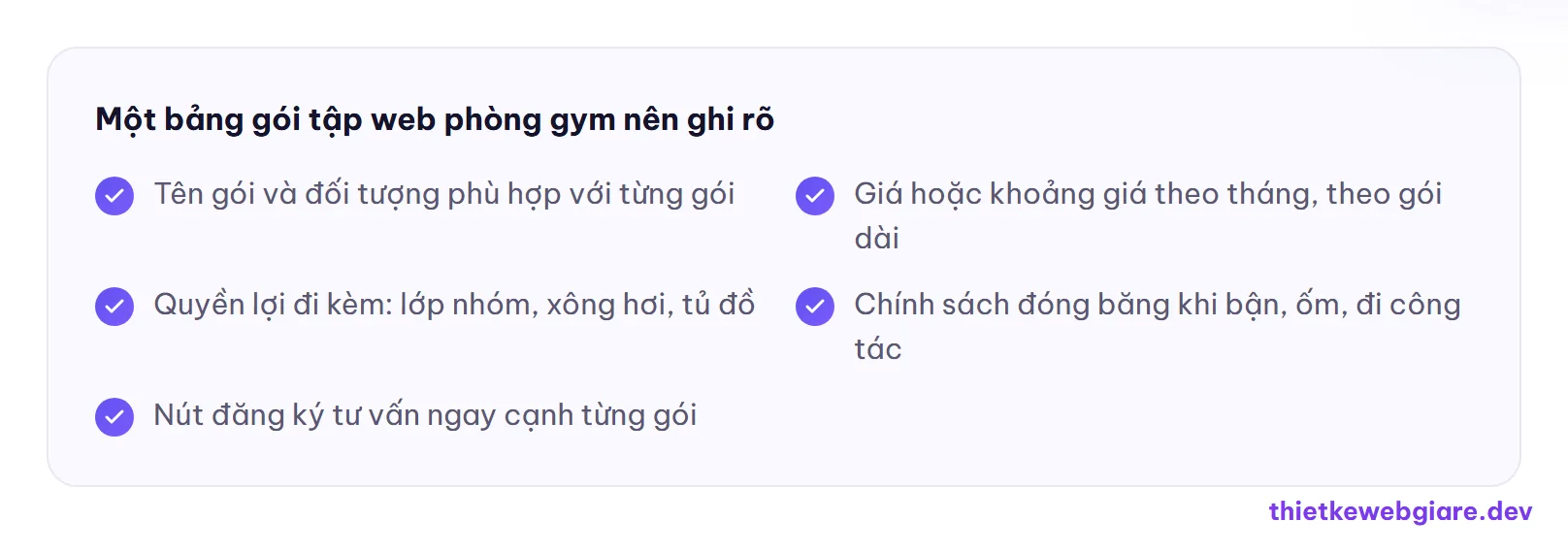Một bảng gói tập web phòng gym nên ghi rõ — thiết kế web phòng gym