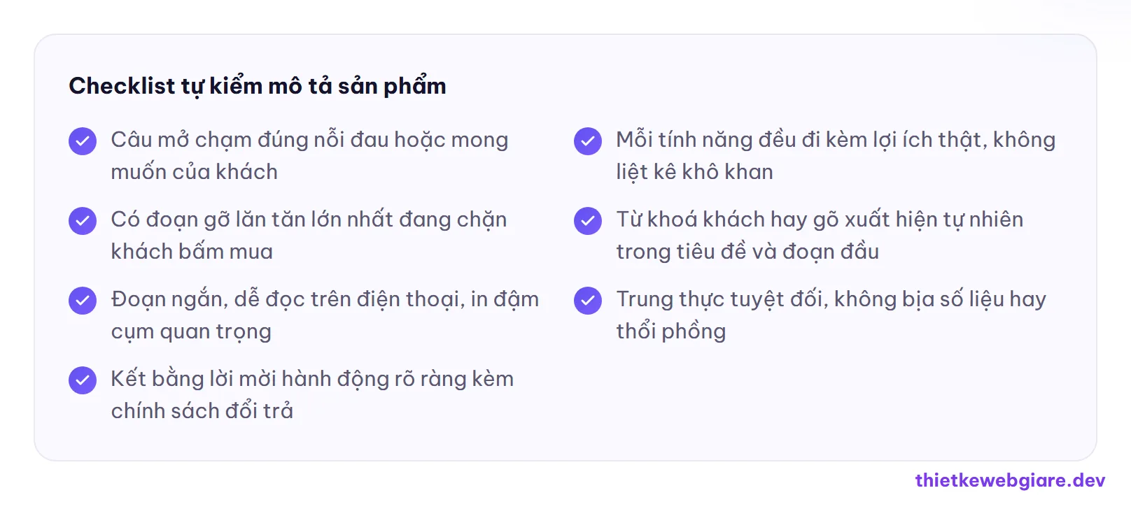 Checklist tự kiểm mô tả sản phẩm — cách viết mô tả sản phẩm
