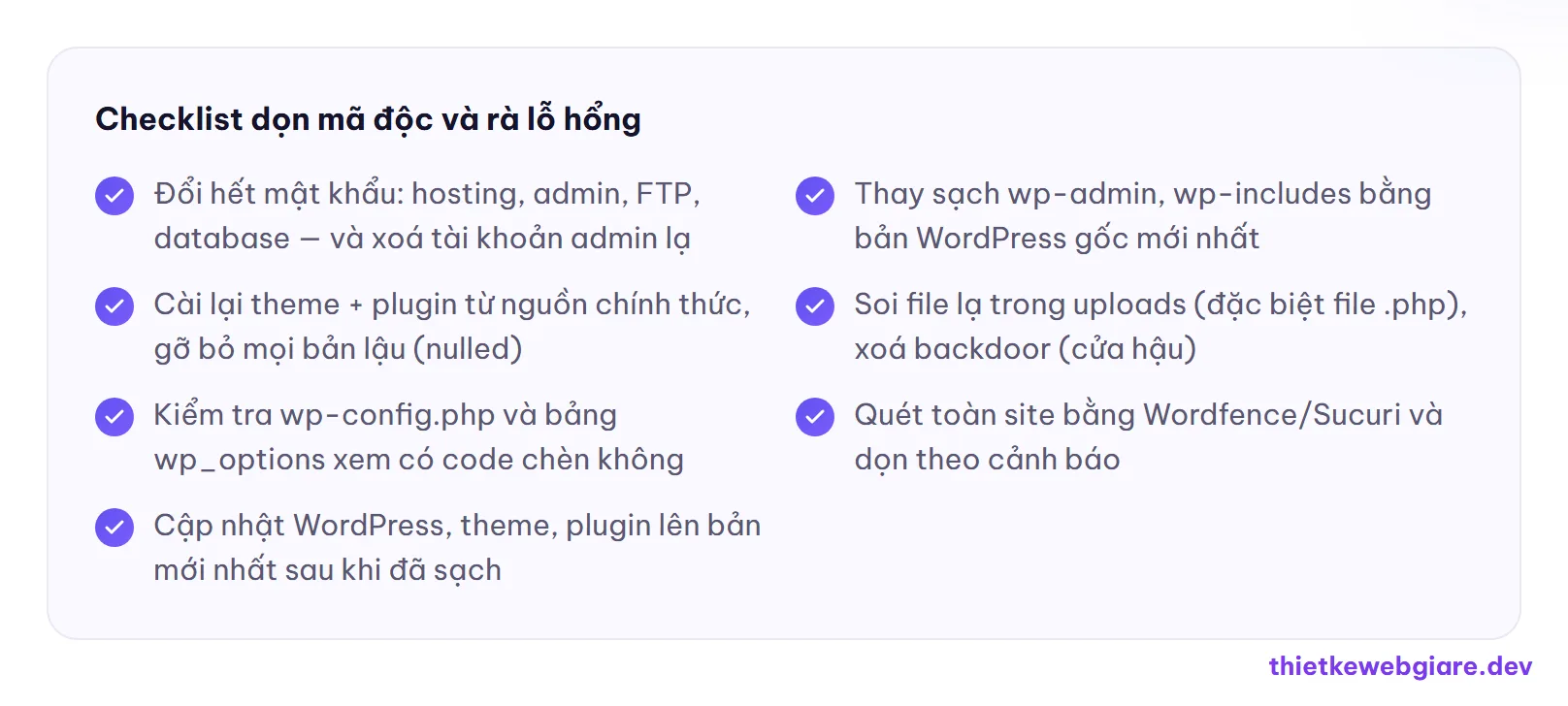 Checklist dọn mã độc và rà lỗ hổng — cách xử lý web bị hack