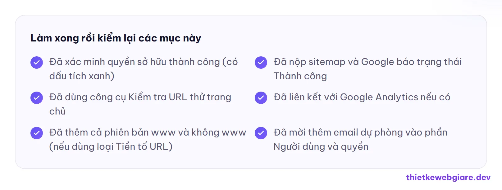 Làm xong rồi kiểm lại các mục này — cài Google Search Console