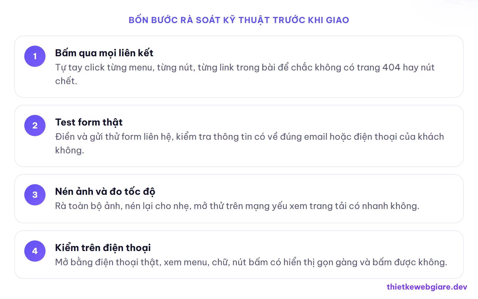 Bốn bước rà soát kỹ thuật trước khi giao — checklist trước khi bàn giao website