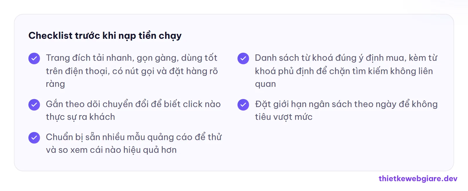 Checklist trước khi nạp tiền chạy — chi phí chạy quảng cáo Google