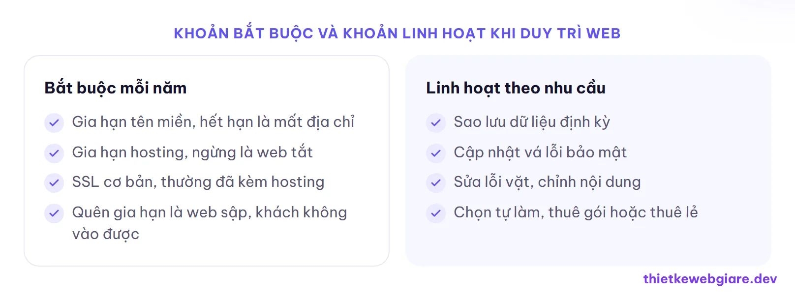 Khoản bắt buộc và khoản linh hoạt khi duy trì web — chi phí duy trì website