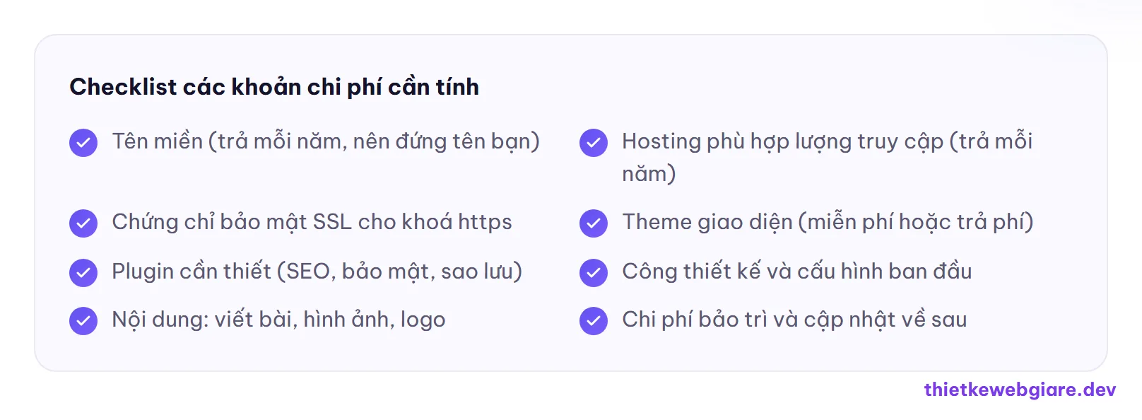 Checklist các khoản chi phí cần tính — chi phí làm web WordPress