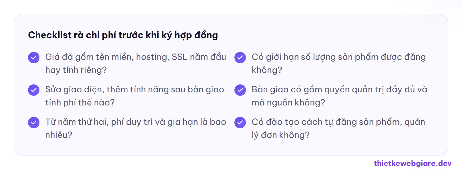 Checklist rà chi phí trước khi ký hợp đồng — chi phí thiết kế web bán hàng