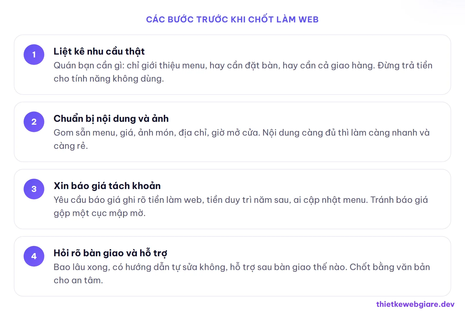 Các bước trước khi chốt làm web — chi phí thiết kế web nhà hàng