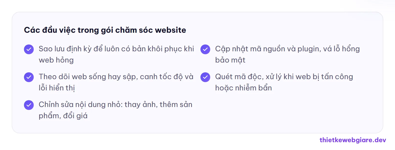 Các đầu việc trong gói chăm sóc website — chi phí thuê chăm sóc website