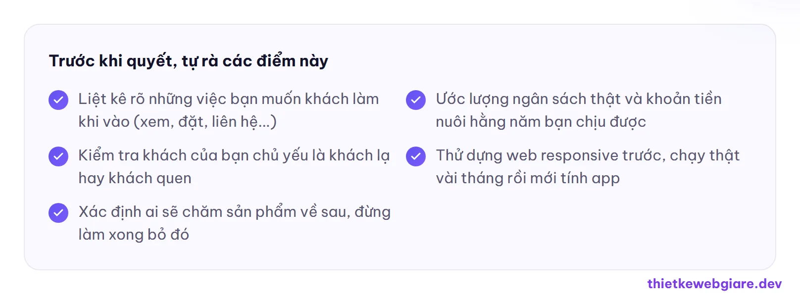 Trước khi quyết, tự rà các điểm này — làm app hay website