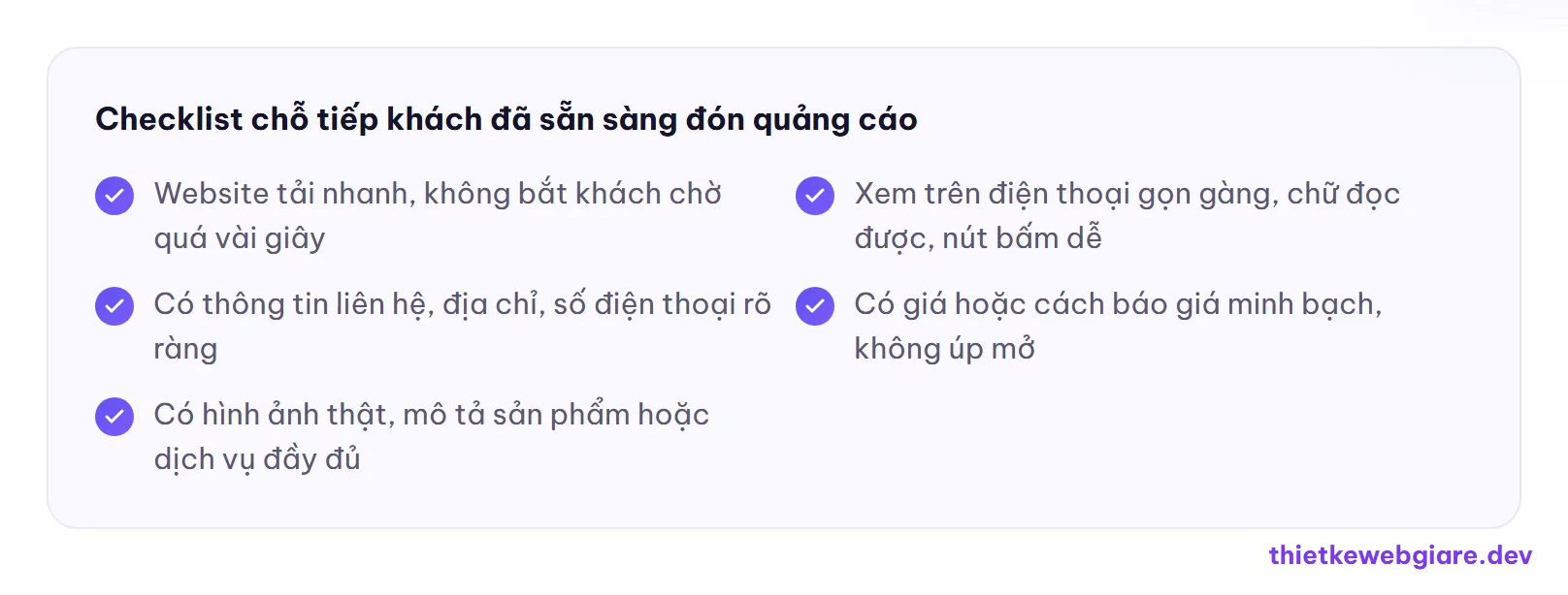 Checklist chỗ tiếp khách đã sẵn sàng đón quảng cáo — nên làm web hay chạy quảng cáo trước