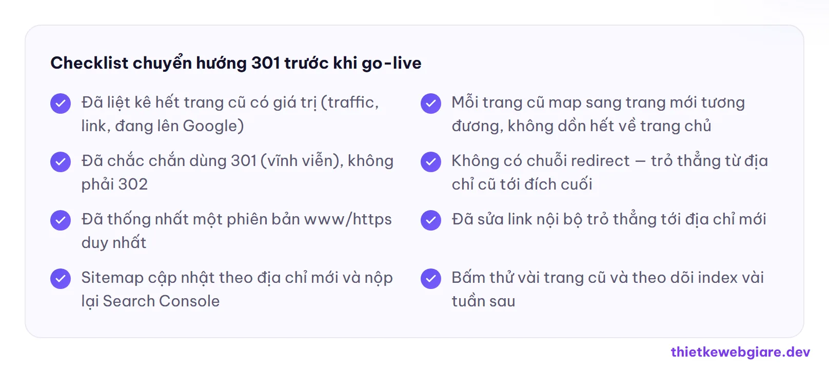Checklist chuyển hướng 301 trước khi go-live — redirect 301 là gì