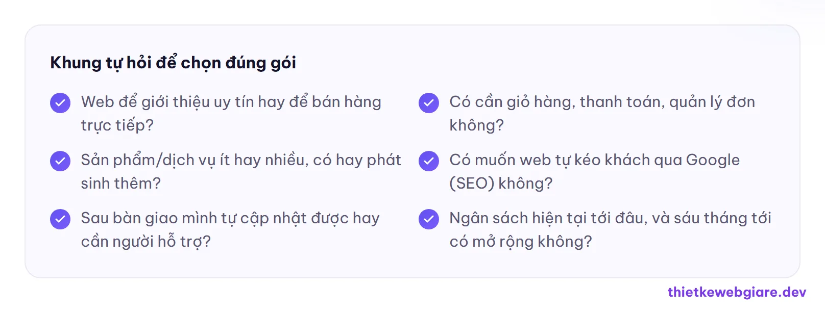 Khung tự hỏi để chọn đúng gói — so sánh các gói thiết kế web
