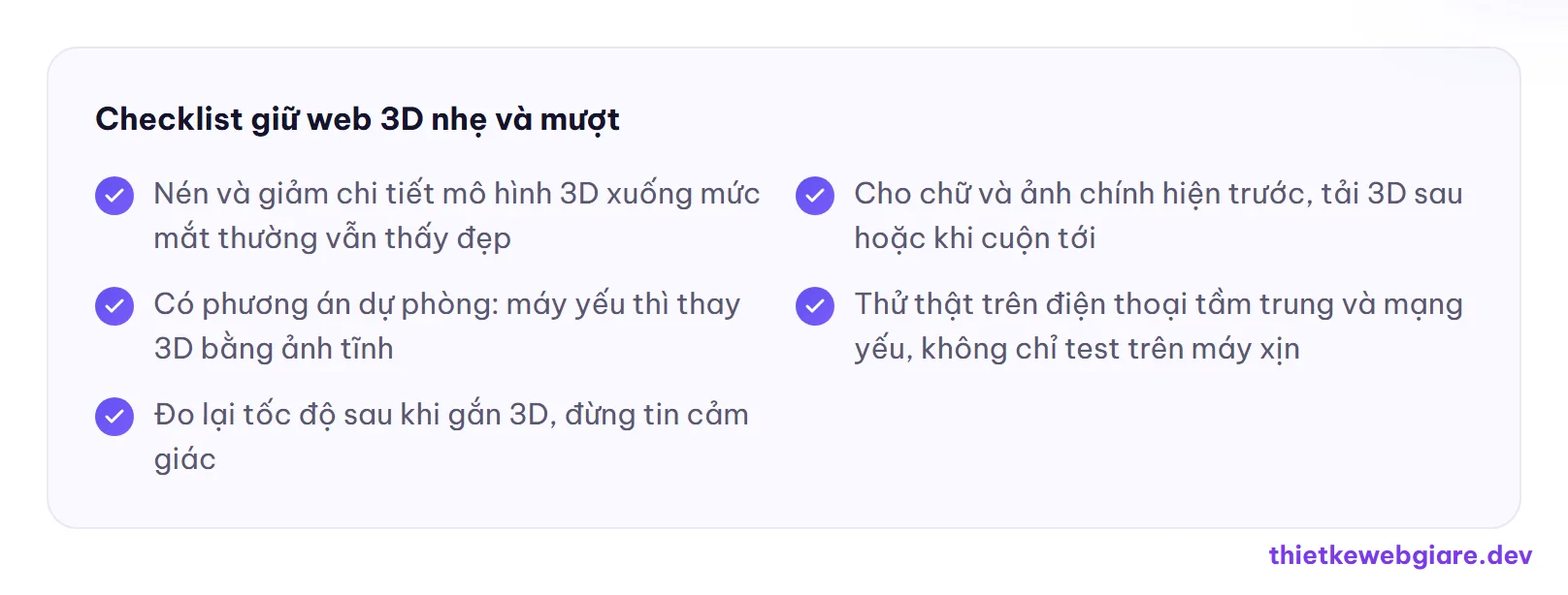 Checklist giữ web 3D nhẹ và mượt — thiết kế web 3D