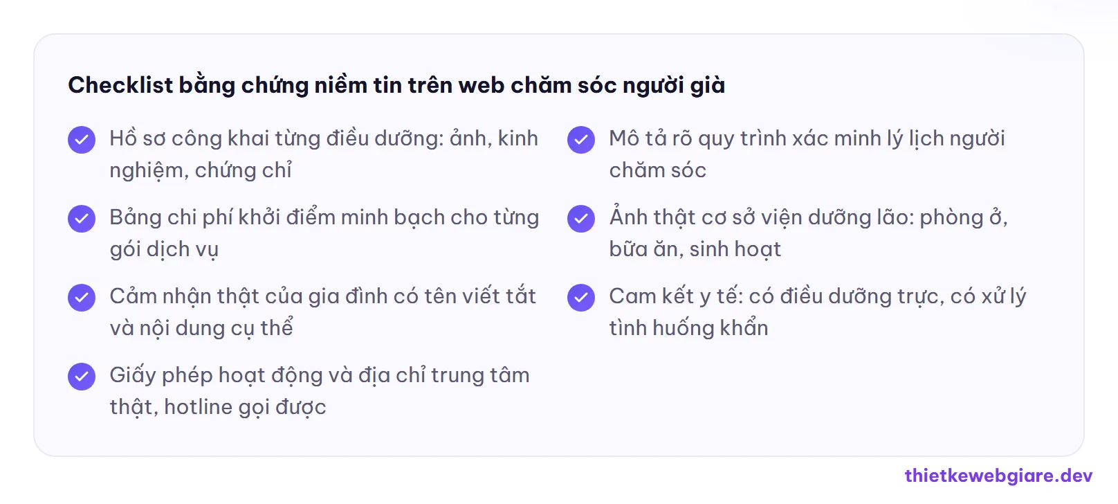 Checklist bằng chứng niềm tin trên web chăm sóc người già — thiết kế web chăm sóc người già