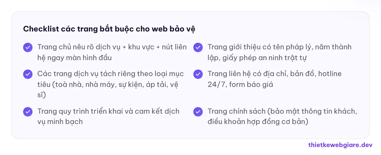 Checklist các trang bắt buộc cho web bảo vệ — thiết kế web công ty bảo vệ