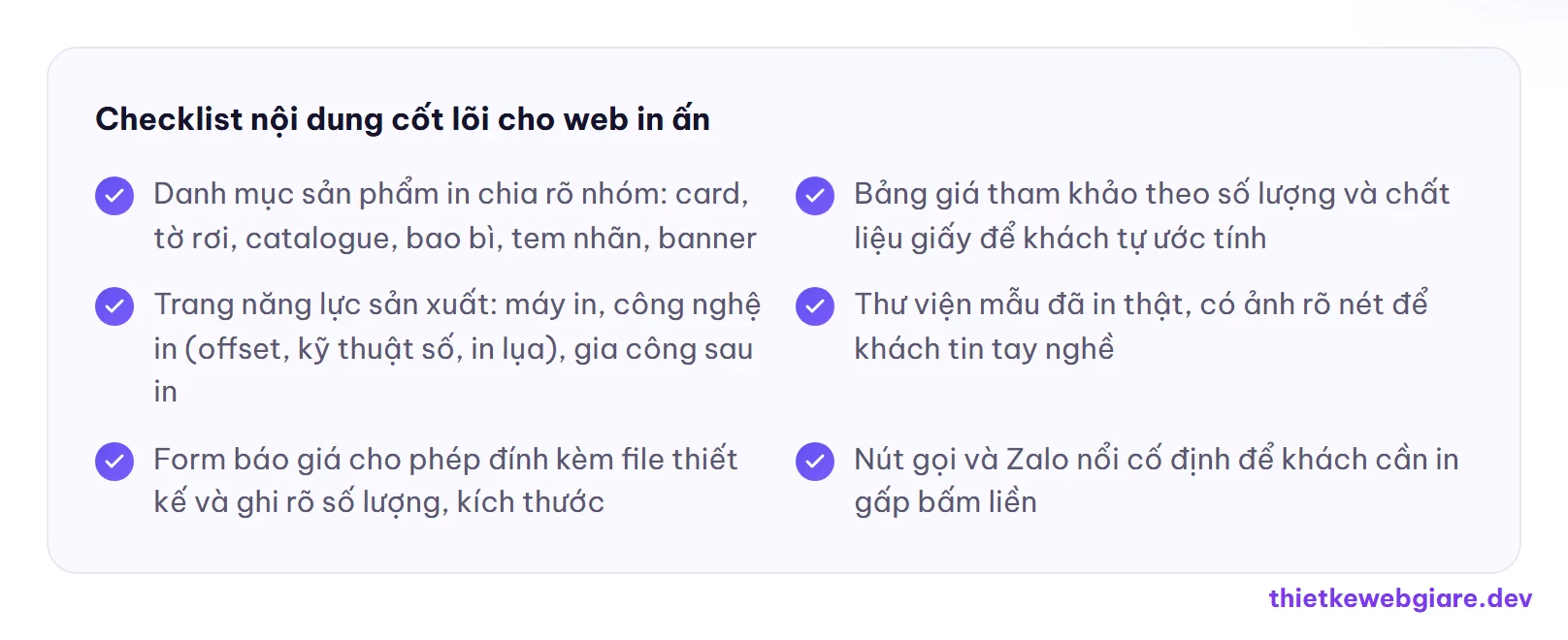 Checklist nội dung cốt lõi cho web in ấn — thiết kế web công ty in ấn