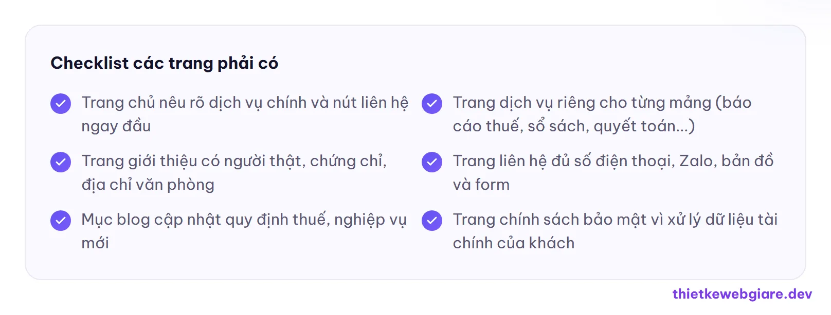 Checklist các trang phải có — thiết kế web công ty kế toán