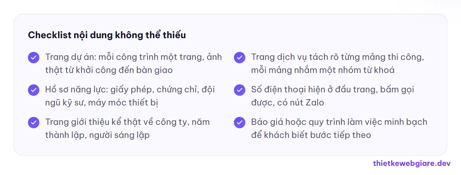 Checklist nội dung không thể thiếu — thiết kế web công ty xây dựng