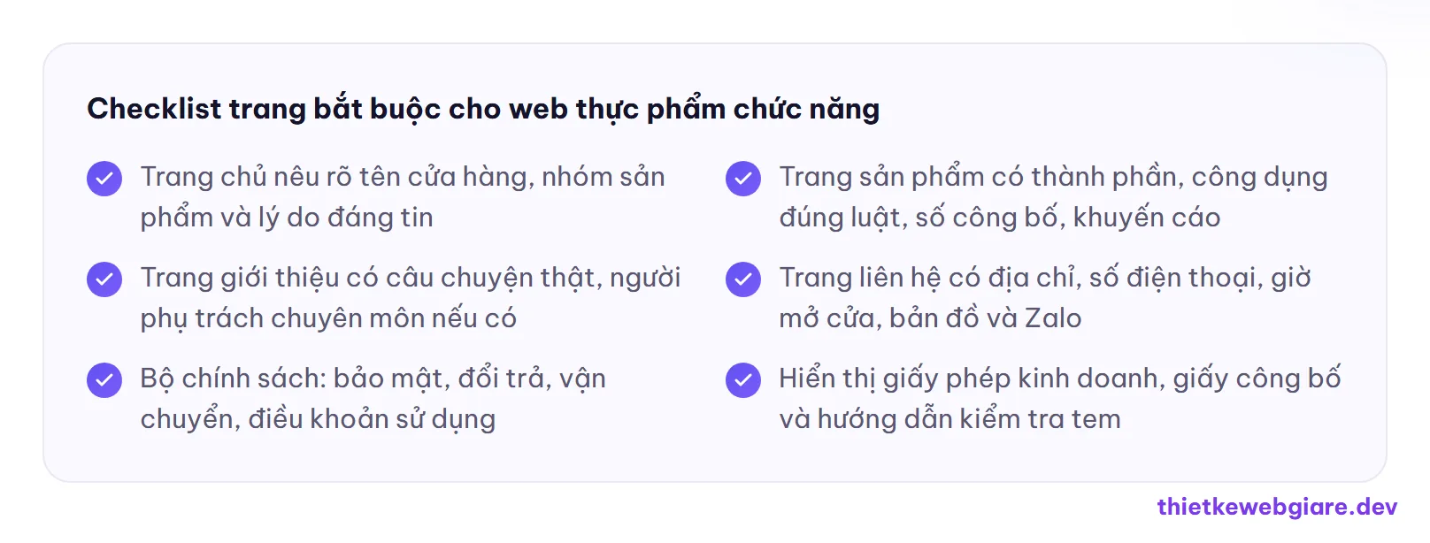 Checklist trang bắt buộc cho web thực phẩm chức năng — thiết kế web cửa hàng thực phẩm chức năng