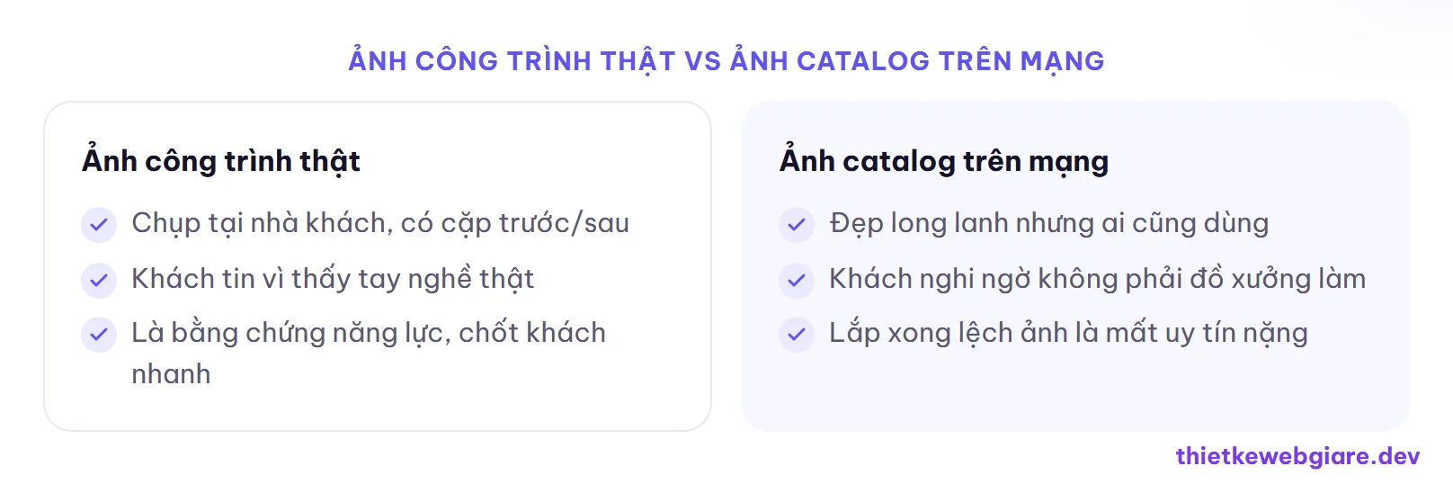 Ảnh công trình thật vs ảnh catalog trên mạng — thiết kế web cửa hàng tủ bếp