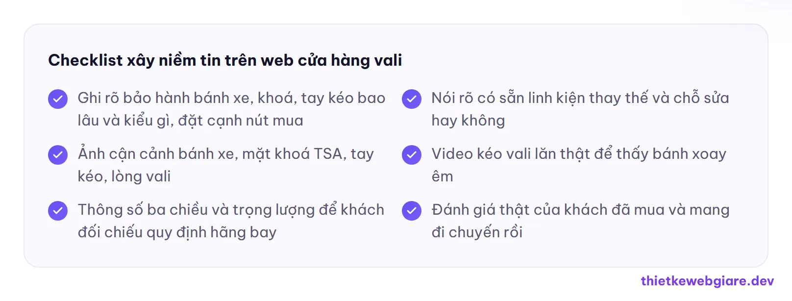 Checklist xây niềm tin trên web cửa hàng vali — thiết kế web cửa hàng vali