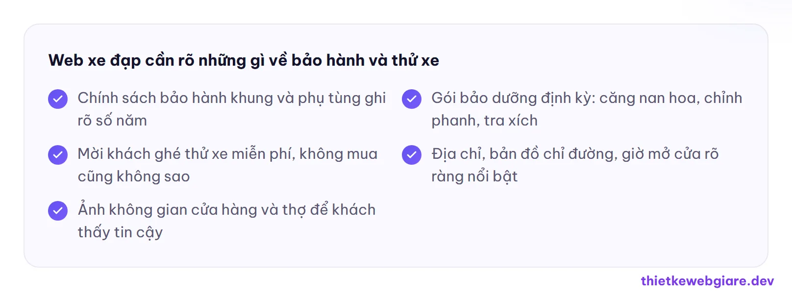 Web xe đạp cần rõ những gì về bảo hành và thử xe — thiết kế web cửa hàng xe đạp