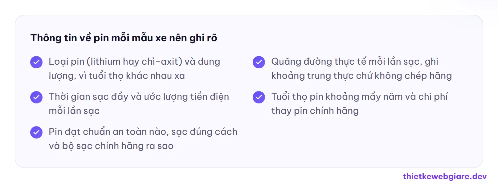 Thông tin về pin mỗi mẫu xe nên ghi rõ — thiết kế web cửa hàng xe điện