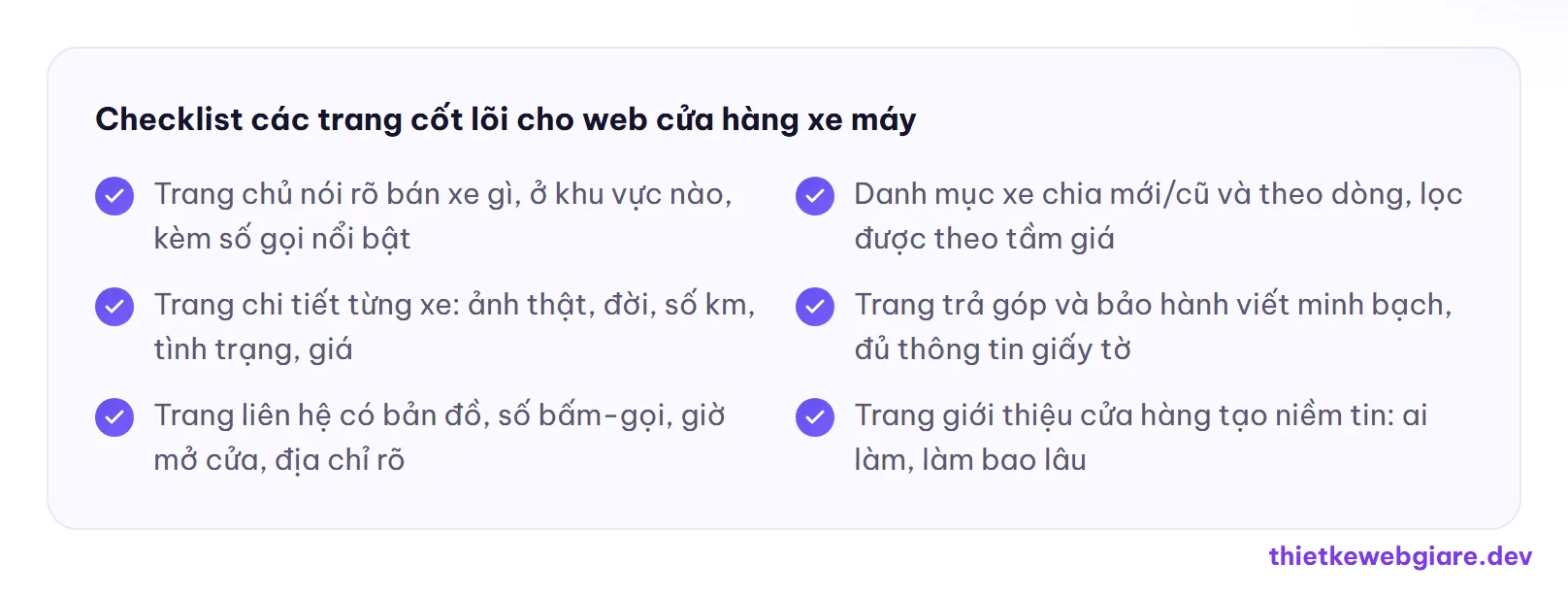 Checklist các trang cốt lõi cho web cửa hàng xe máy — thiết kế web cửa hàng xe máy