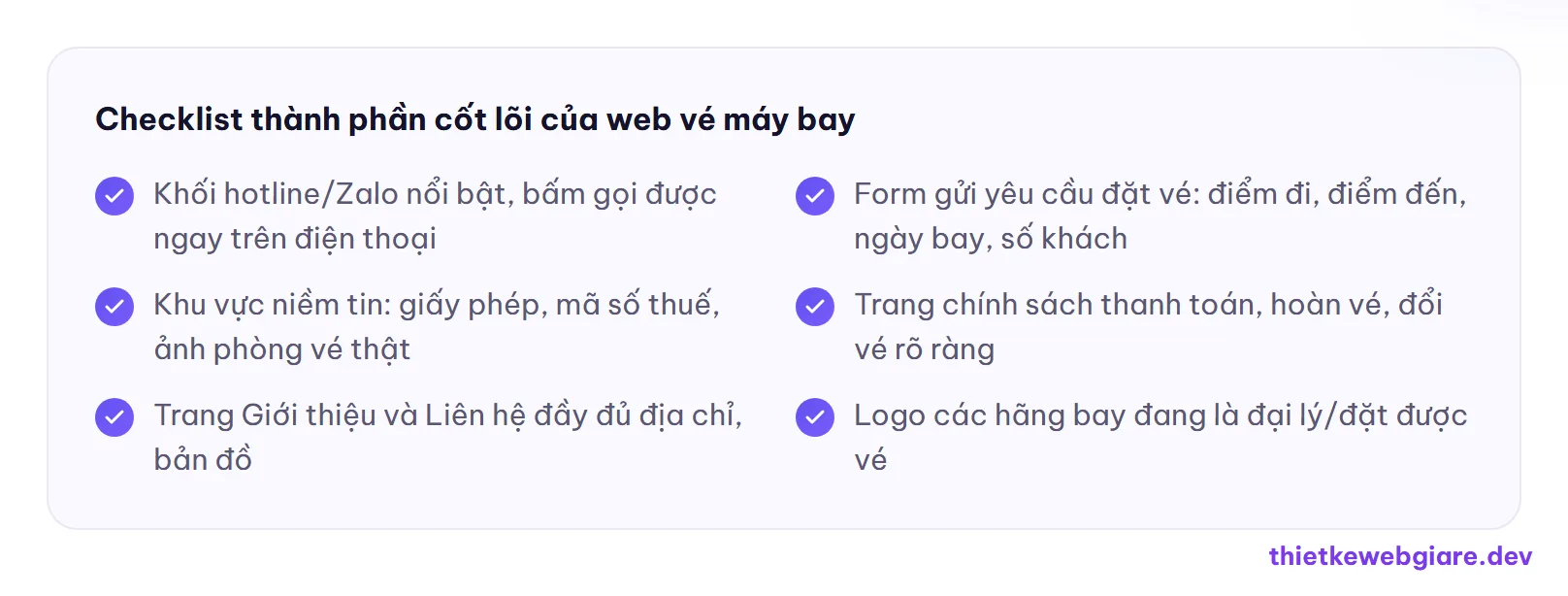 Checklist thành phần cốt lõi của web vé máy bay — thiết kế web đại lý vé máy bay