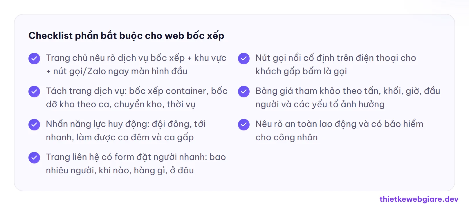 Checklist phần bắt buộc cho web bốc xếp — thiết kế web dịch vụ bốc xếp
