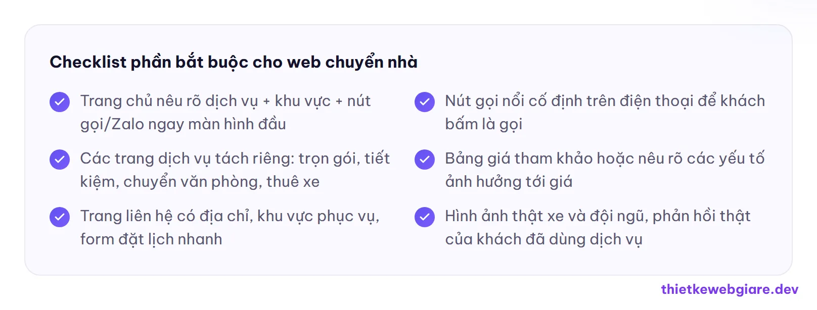 Checklist phần bắt buộc cho web chuyển nhà — thiết kế web dịch vụ chuyển nhà