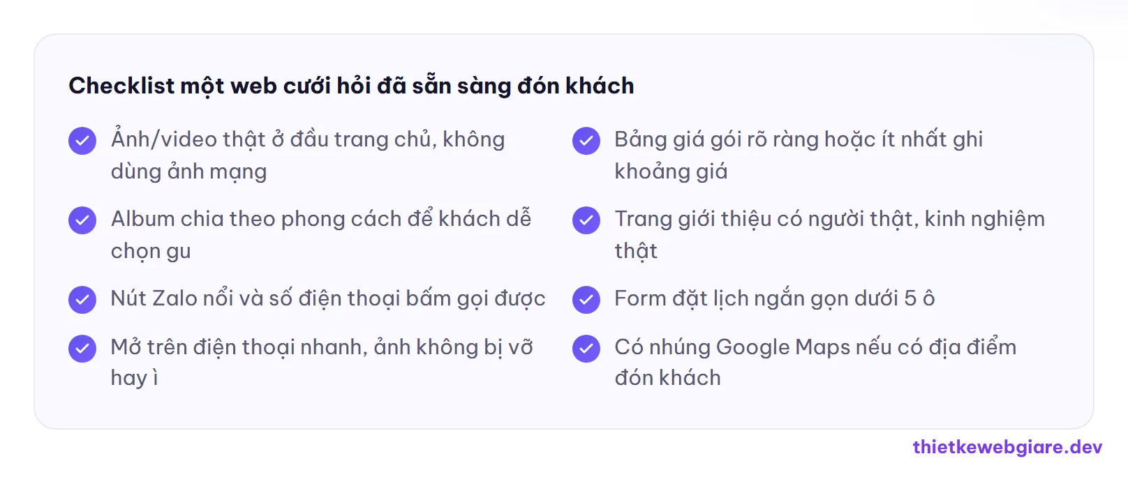 Checklist một web cưới hỏi đã sẵn sàng đón khách — thiết kế web dịch vụ cưới hỏi