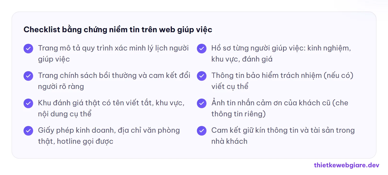Checklist bằng chứng niềm tin trên web giúp việc — thiết kế web dịch vụ giúp việc nhà